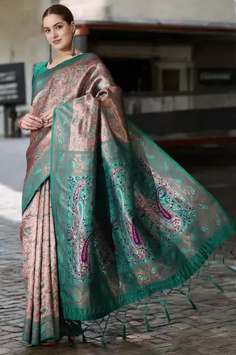 turquoise poly silk saree with unstitched blouse piece