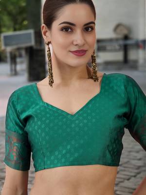 turquoise poly silk blend saree with unstitched blouse piece 4