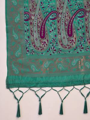 turquoise poly silk blend saree with unstitched blouse piece 5
