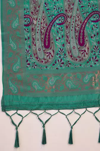 turquoise poly silk saree with unstitched blouse piece