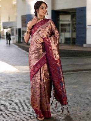 wine poly silk blend saree with unstitched blouse piece 1
