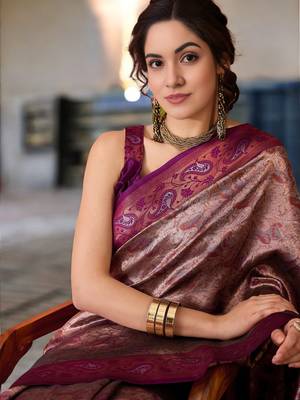 wine poly silk blend saree with unstitched blouse piece 2