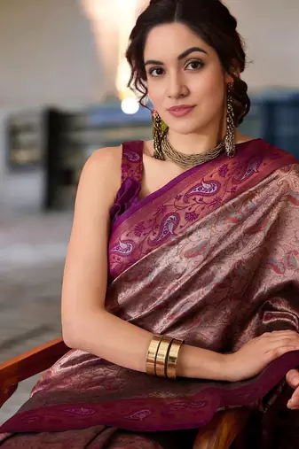 wine poly silk blend saree with unstitched blouse piece
