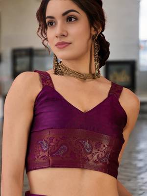 wine poly silk blend saree with unstitched blouse piece 4