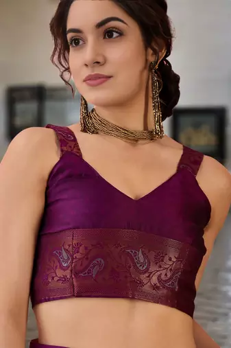 wine poly silk blend saree with unstitched blouse piece
