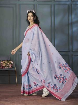 lavender linen woven saree with unstitched blouse piece 4