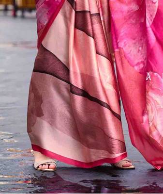 pink satin print saree with unstitched blouse piece 4