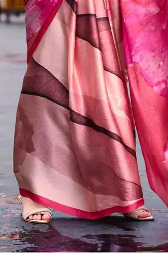 pink satin print saree with unstitched blouse piece