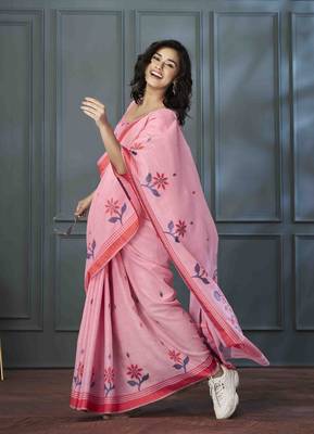 pink linen woven saree with unstitched blouse piece 4