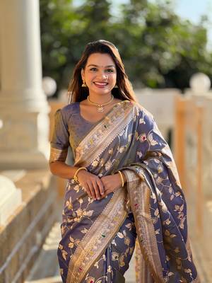 Grey Banarasi Art Silk Saree With Zari Weaving Design 2