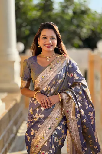 Grey Banarasi Art Silk Saree With Zari Weaving Design