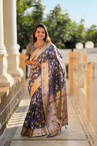 Grey Banarasi Art Silk Saree With Zari Weaving Design