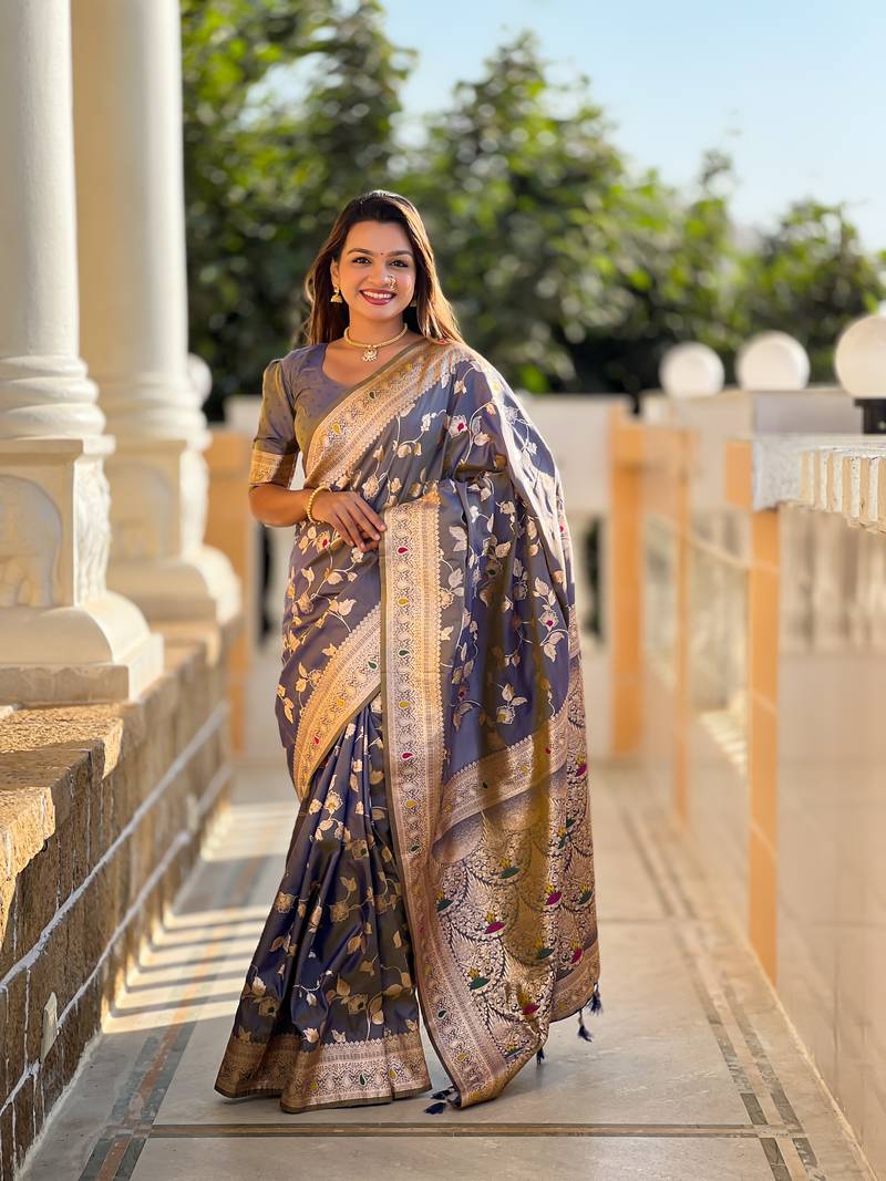 Grey Banarasi Art Silk Saree With Zari Weaving Design