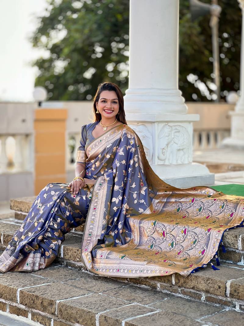 Grey Banarasi Art Silk Saree With Zari Weaving Design