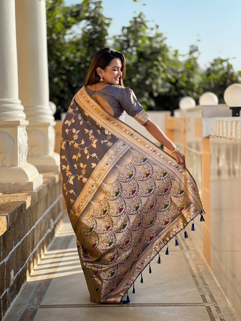 Grey Banarasi Art Silk Saree With Zari Weaving Design