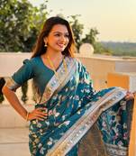 Teal Banarasi Art Silk Saree With Zari Weaving Design
