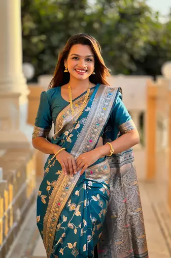 Teal Banarasi Art Silk Saree With Zari Weaving Design