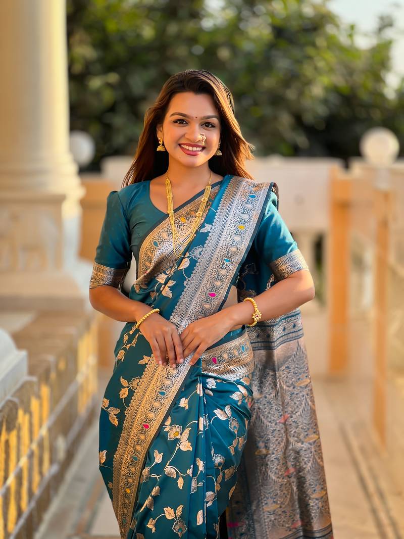 Teal Banarasi Art Silk Saree With Zari Weaving Design