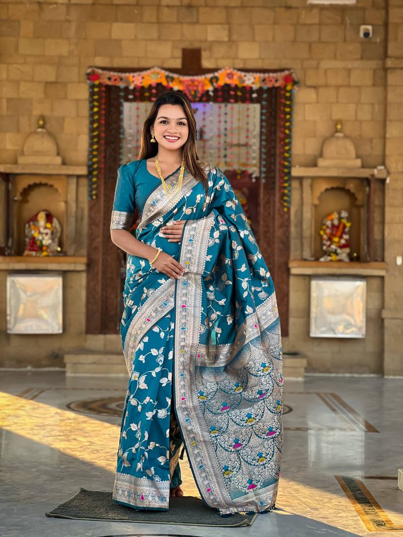 Teal Banarasi Art Silk Saree With Zari Weaving Design