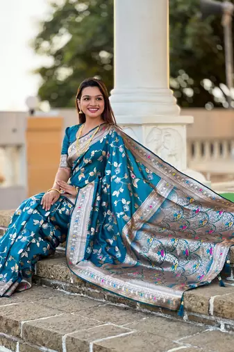 Teal Banarasi Art Silk Saree With Zari Weaving Design