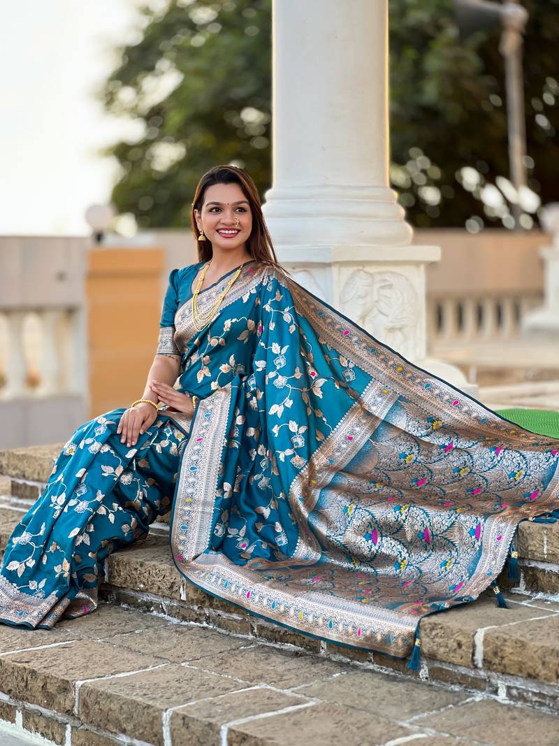 Teal Banarasi Art Silk Saree With Zari Weaving Design