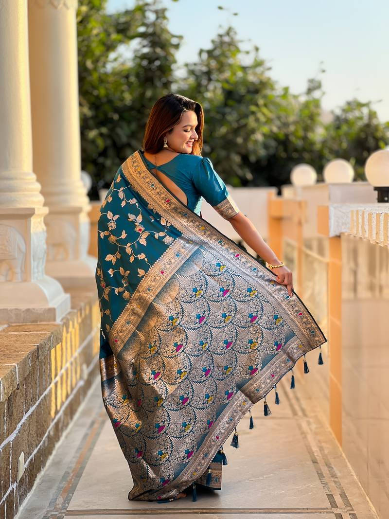 Teal Banarasi Art Silk Saree With Zari Weaving Design