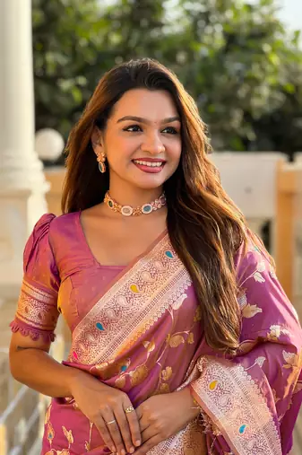 Onion Pink Banarasi Art Silk Saree With Zari Weaving Design