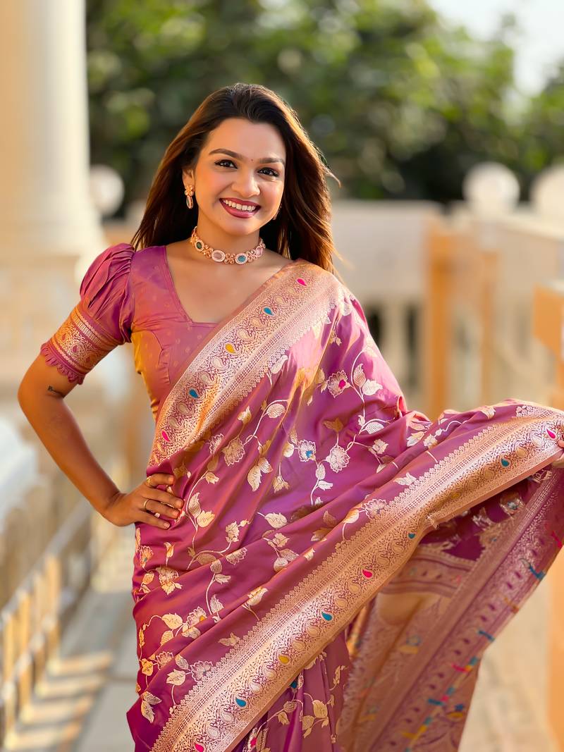 Onion Pink Banarasi Art Silk Saree With Zari Weaving Design
