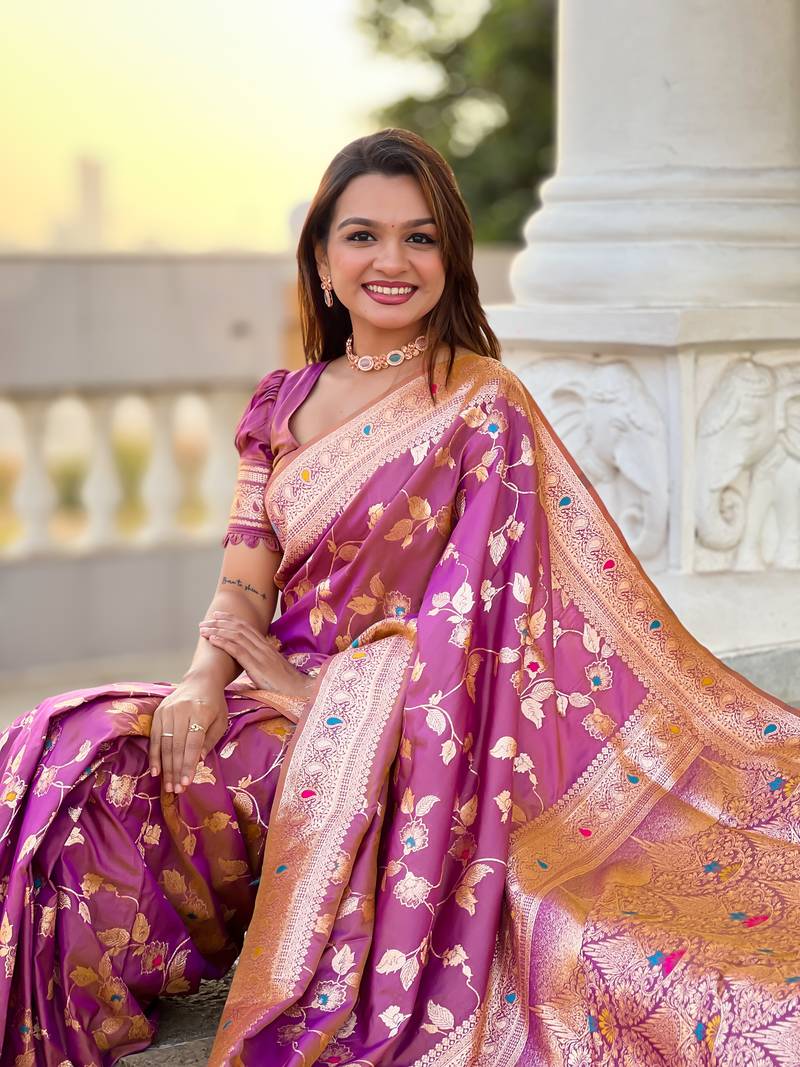 Onion Pink Banarasi Art Silk Saree With Zari Weaving Design