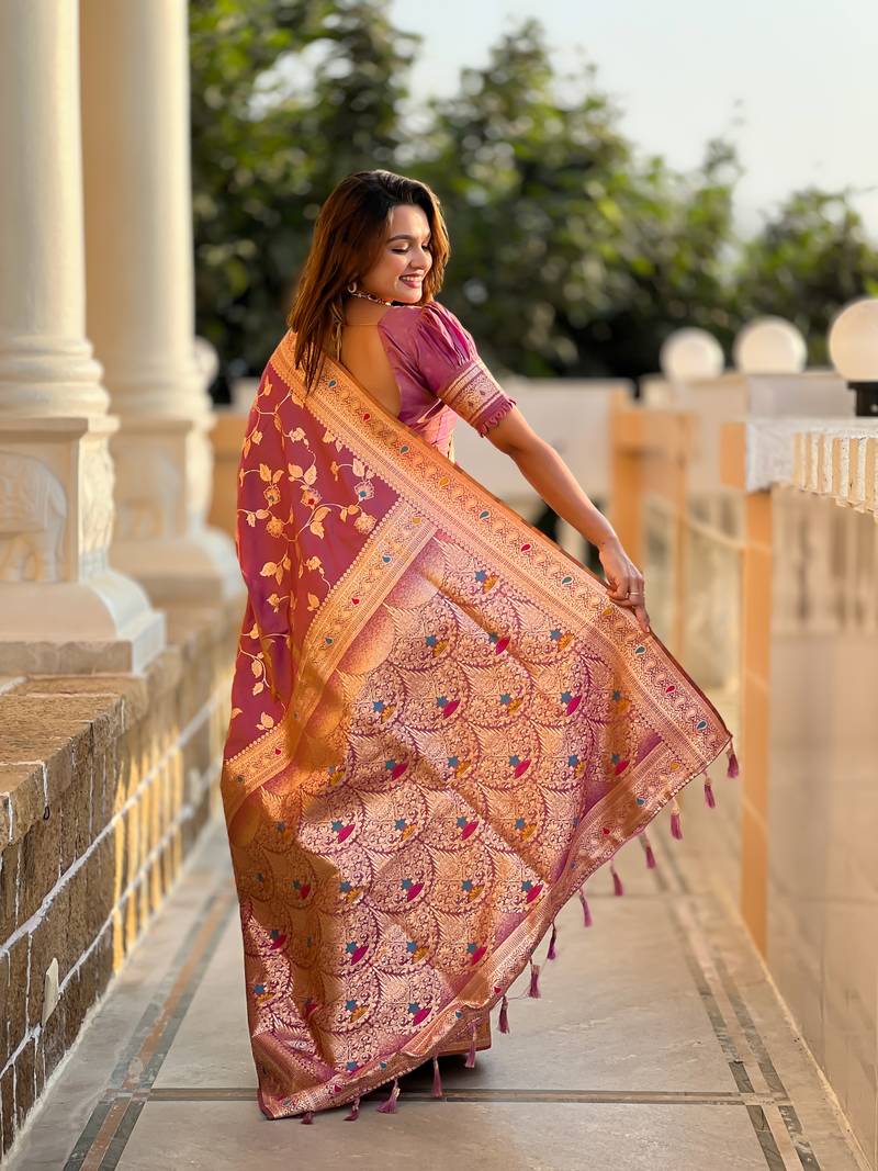 Onion Pink Banarasi Art Silk Saree With Zari Weaving Design