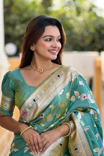 Light Sea Green Banarasi Art Silk Saree With Zari Weaving Design