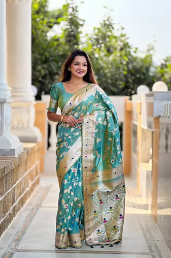 Light Sea Green Banarasi Art Silk Saree With Zari Weaving Design
