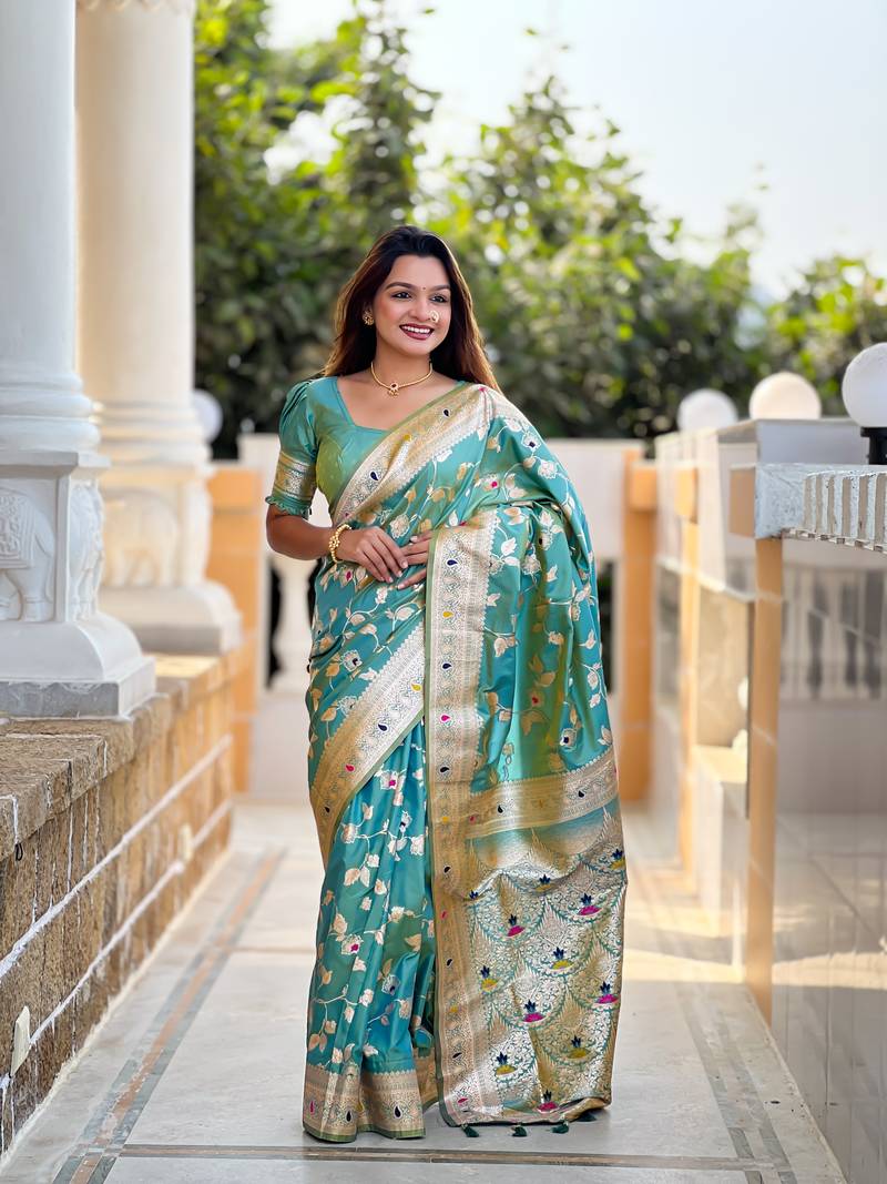Light Sea Green Banarasi Art Silk Saree With Zari Weaving Design