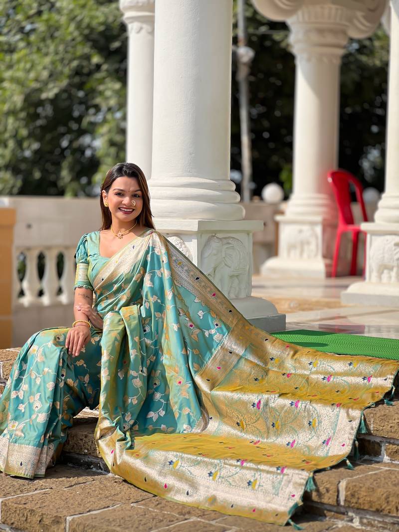 Light Sea Green Banarasi Art Silk Saree With Zari Weaving Design