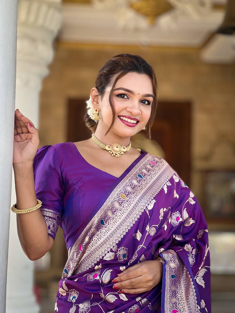Purple Banarasi Art Silk Saree With Zari Weaving Design