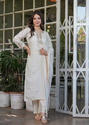 Off white embroidery work viscosee chanderi readymade salwar kameez 1