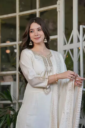 Off white embroidery work viscosee chanderi readymade salwar kameez