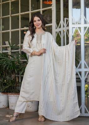 Off white embroidery work viscosee chanderi readymade salwar kameez 4