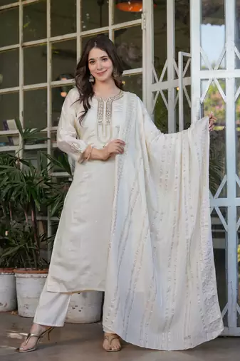 Off white embroidery work viscosee chanderi readymade salwar kameez