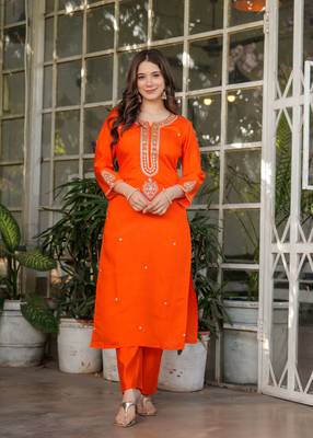 Orange embroidery work viscosee chanderi readymade salwar kameez 4