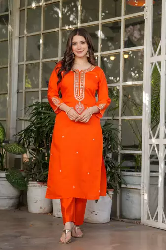 Orange embroidery work viscosee chanderi readymade salwar kameez