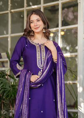 Purple embroidery work viscosee chanderi readymade salwar kameez 3