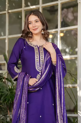 Purple embroidery work viscosee chanderi readymade salwar kameez
