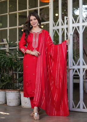 Red embroidery work viscosee chanderi readymade salwar kameez 1