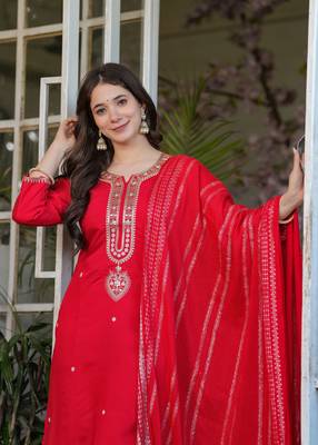 Red embroidery work viscosee chanderi readymade salwar kameez 3