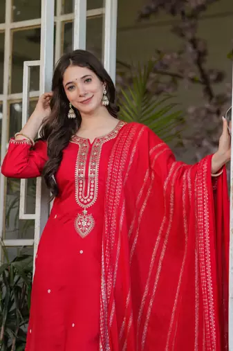 Red embroidery work viscosee chanderi readymade salwar kameez