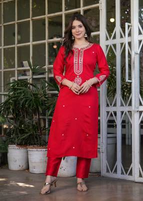 Red embroidery work viscosee chanderi readymade salwar kameez 4