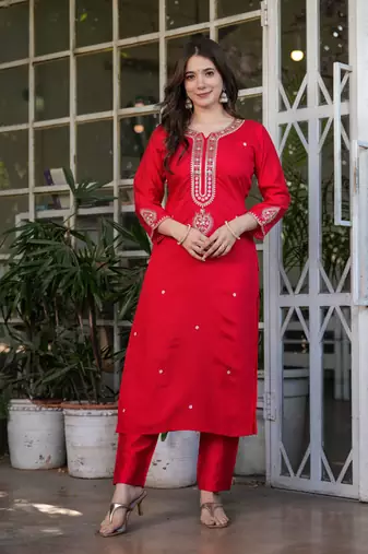 Red embroidery work viscosee chanderi readymade salwar kameez