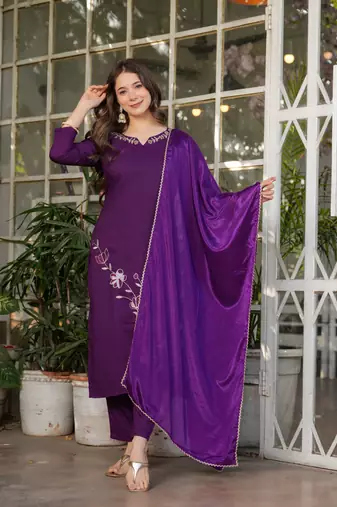 Wine embroidery work viscosee rayon readymade salwar kameez
