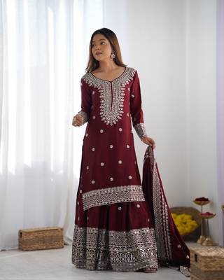 Maroon chinon silk fabric sequins work sharara suit 1